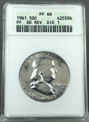 1961 DDR ~ Double Die Reverse Die 1 ~ Proof Franklin Half Dollar ANACS PF66 - Image 1 of 4