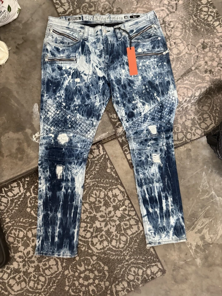 Rock Revival Moto Men's Distressed Denim Biker Jeans "Daviday" Blue Size 38 - Image 1 of 4