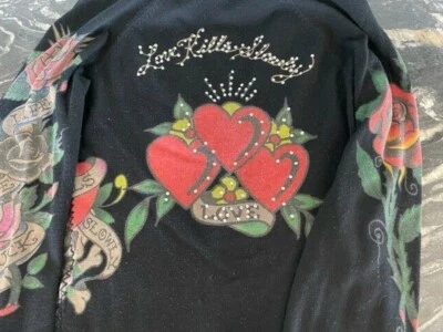 Women's ED HARDY Vintage Y2K V-Neck Hoodie Bling Love Kills Slowly-Black-Medium - Image 1 of 4