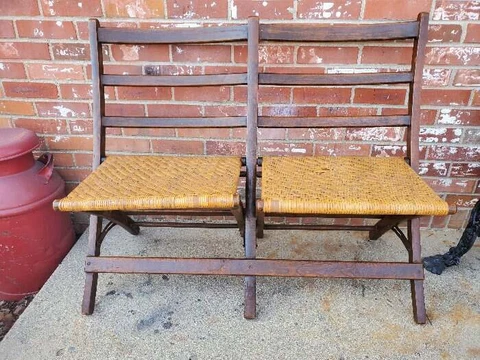 Vintage Double Wooden Folding Chair Oak Woven Wicker Seats #1 Cover