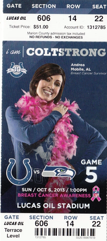 2013 INDIANAPOLIS COLTS VS SEATTLE SEAHAWKS TICKET STUB 10/6/13 RUSSELL WILSON - Image 1 of 1