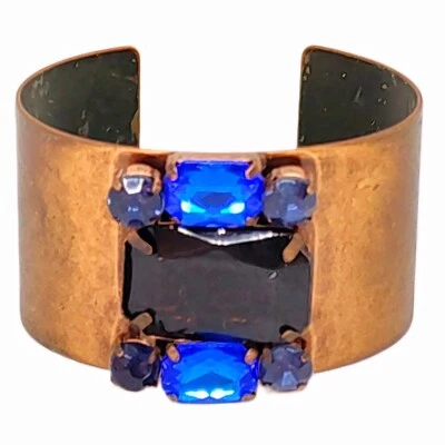 Copper Cuff Bracelet Y2K Rhinestone Blue Black Cabochon Chunky Wide - Image 1 of 3