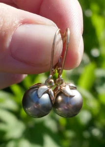 Vintage 14k Yellow Gold & 9.3mm Gray Pearl Drop / Dangle Style Earrings - 3.8g. - Picture 1 of 9