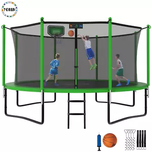 OUTDOOR FAMILY TRAMPOLINE 12 Ft Enclosed w/Basketball Hoop and Ladder - Picture 1 of 7