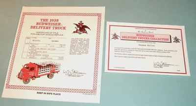 Camión de reparto Budweiser Danbury Mint 1938 papeleo título y documentos de registro Foto 1 de 4