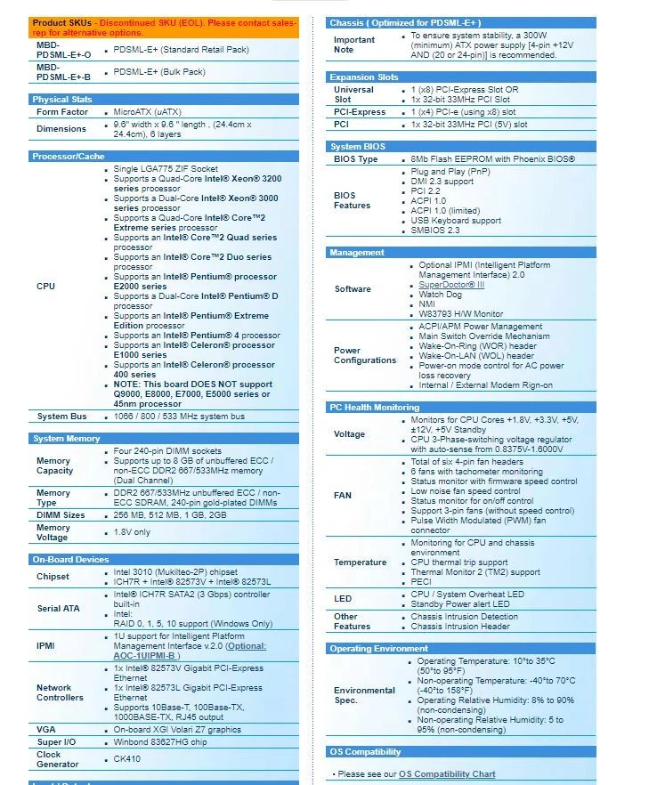 SuperMicro PDSML-E+ LGA775 Server Motherboard E1500 Celeron 2.2GHz CPU 4GB RAM - Image 1 of 1