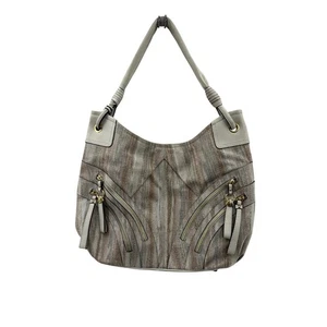 Bolso Hobo MAKOWSKY Beige Marrón Rayas Cuero Borde Forro Leopardo Cartera - Imagen 1 de 13