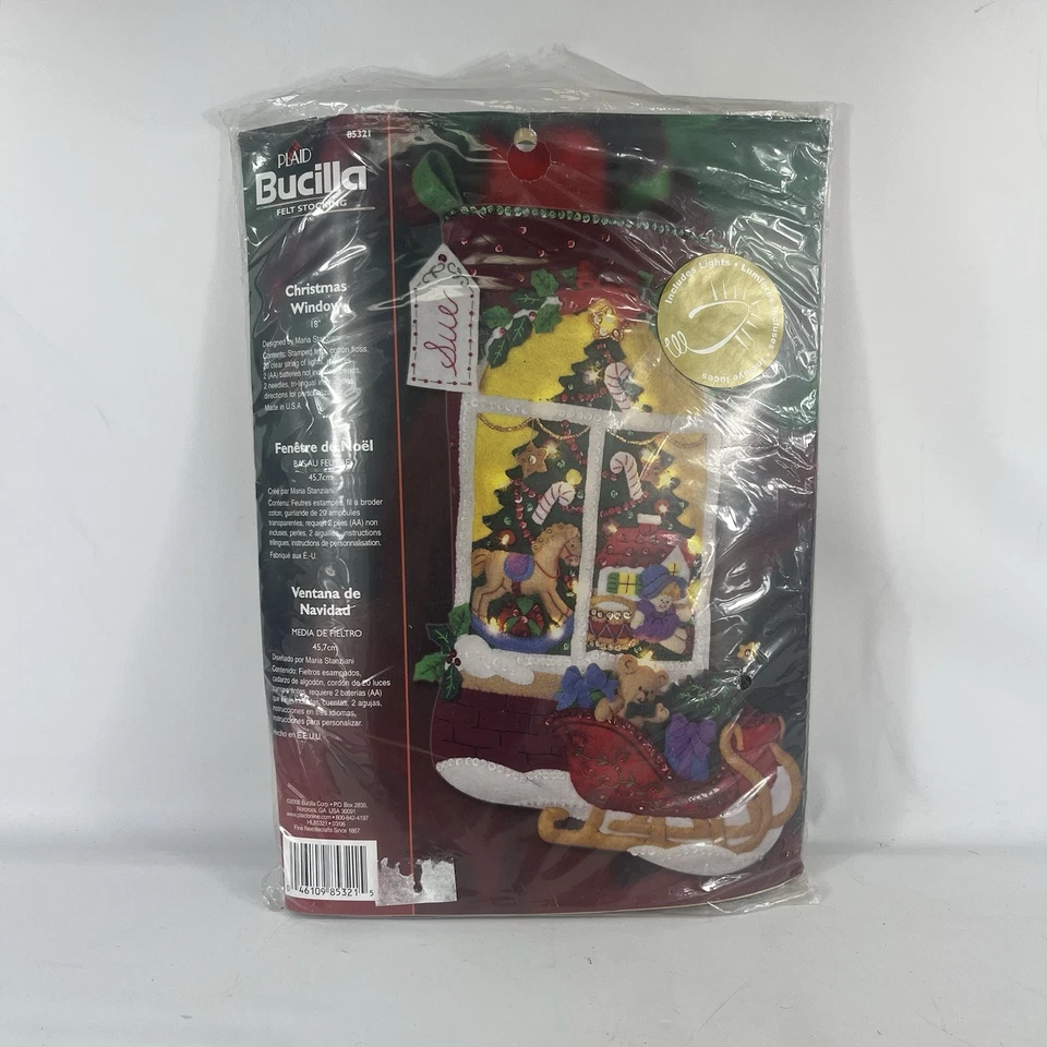 Bucilla Christmas Window 18 Felt Stocking Kit 85321 Tree Lights Toys Sleigh