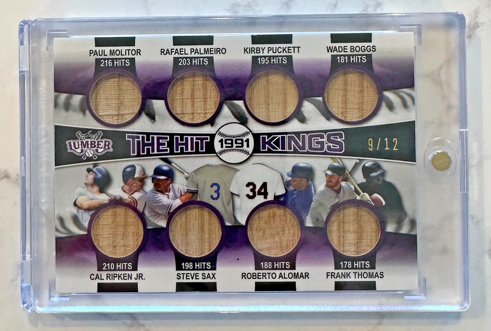 Leaf Lumber 2022 The Hit Kings 1991 Ripken Boggs Thomas 8 reliquia de murciélago púrpura #/12 Foto 1 de 2