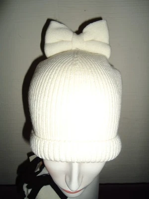 KATE SPADE RARE CREAM IVORY BOW BEANIE STRETCH KNIT HAT O/S NWT GIFT! - Image 1 of 3