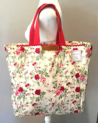 Laura Ashley Floral Large Canvas Tote Bag Red Trim & Cream Cottagecore Boho NWT - Image 1 of 4