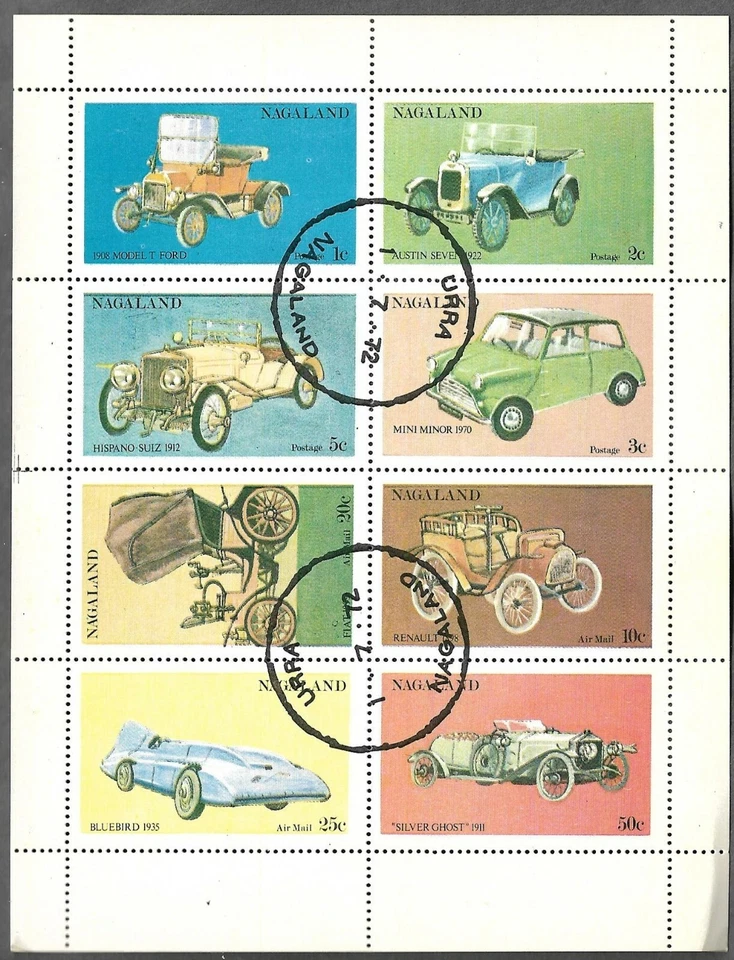NAGALAND  1 JULY 1972 CARS SOUVENIR SHEET OF 8 VALUES CTO - Image 1 of 1
