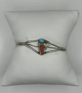Vintage Native American Sterling Silver Turquoise Coral Cuff Bracelet (4.1g) - Picture 1 of 5