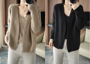 Women Long Sleeve Knit Open Front Cardigan Sleeveless Vest 2 Pieces Crop Top Set - Picture 1 of 7