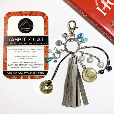 CHINESE ZODIAC RABBIT Key Chain Bag Charm Gems Cat Astrology Labradorite Quartz - Image 1 of 4