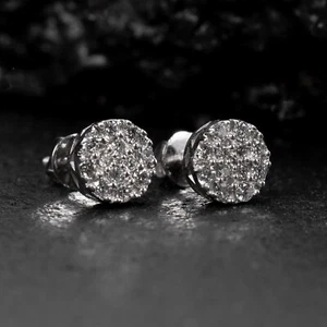 Small 14K White Gold Small Iced Natural Diamond Round Cluster Stud Earrings - Picture 1 of 6