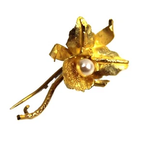 NACHLASS SCHMUCK BROSCHE 18KT GOLD & PERLE ORCHIDEE BLUME - Bild 1 von 3