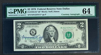 NQC Francine I. Neff Courtesy Autographed Fr. 1935-K Star 1976 $2 FRN CU 64 - Image 1 of 2