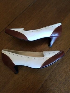 Vintage Selby Women's Shoes White/Tan Leather Heel Pump - 7 2A - 2 Tone - Picture 1 of 10