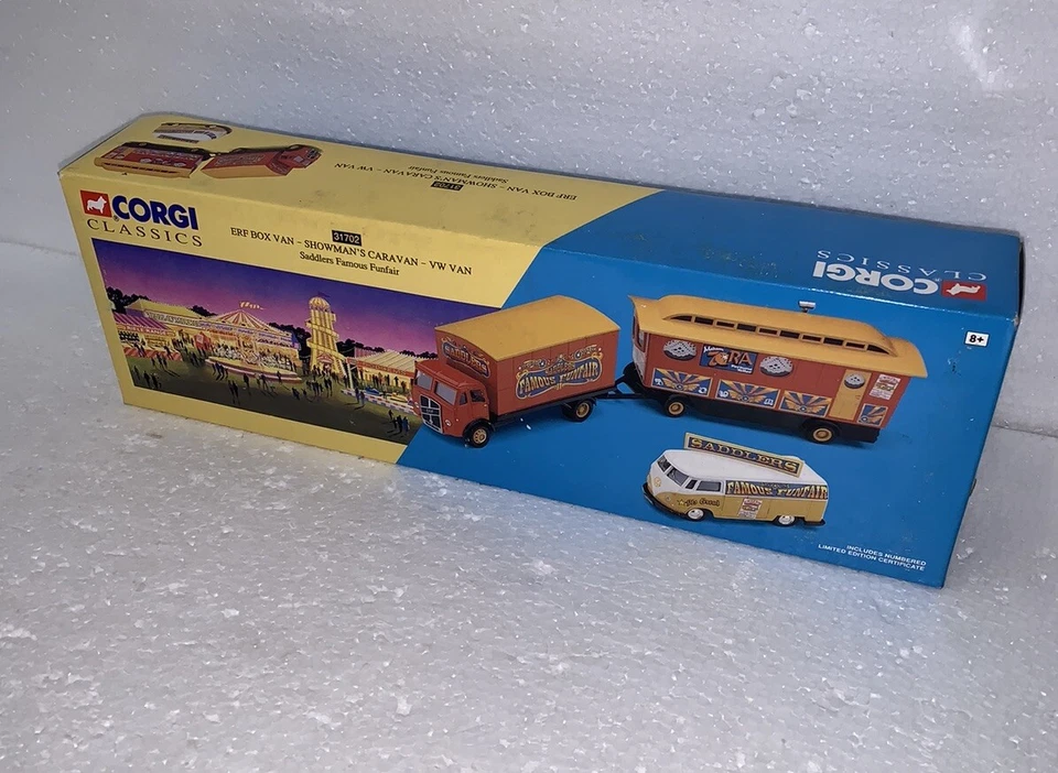 Corgi 31702 Saddlers Famous Funfair ERF Box Van with Showman's Caravan & VW Van - Image 1 of 4