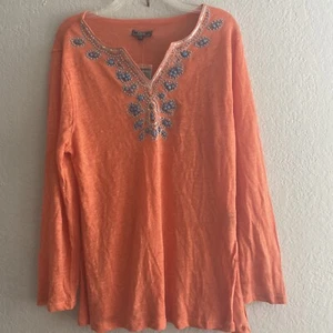 LISA International Womens L Top Sweater Linen Rayon Knit Beads Sequins Side Slit - Picture 1 of 8