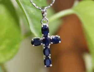 Colgante cruzado de piedras preciosas de zafiro azul plata esterlina sólida 925 colgante hecho a mano - Imagen 1 de 4