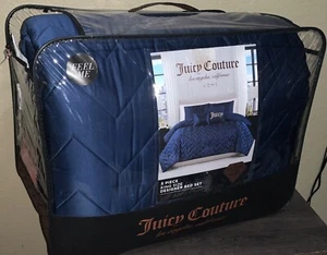 Juicy Couture Rose Collection blau Satin Chevron gesteppt 5-teiliges King Bettdecken-Set - Bild 1 von 7