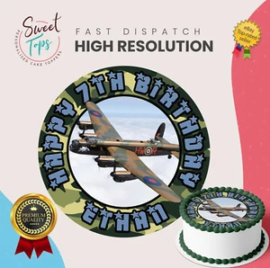 LANCASTER BOMBER PLANE ROUND PERSONALISED EDIBLE BIRTHDAY CAKE TOPPER DECORATION - Picture 1 of 6