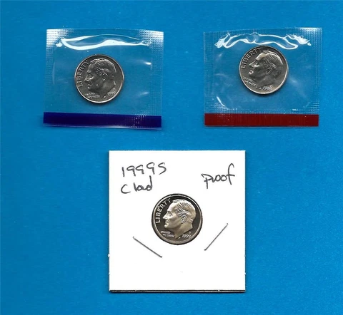 1999 P D and S  BU and Clad Proof Roosevelt Dime Set -PD in Mint Set Cellos Cover