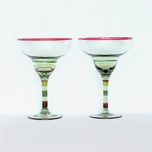 Margarita Glass Set NEW In Box 2 pc Hand Blown Light Green Glass Hand Painted - Picture 1 of 7