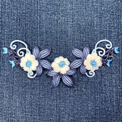 Flower Applique Patch - Embroidered Blue & White Decorative Badge 5-3/8" Iron On - Image 1 of 2