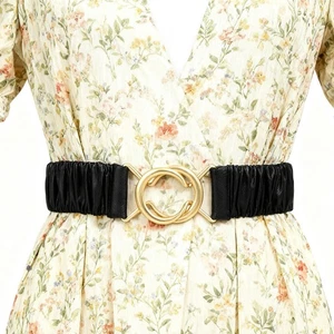 Elastic Waist Belt Decoration Casual Elegant Pleated Crinkle Gold Buckle Corset - Picture 1 of 7