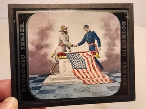 Antigua diapositiva patriótica de vidrio - generales de la Guerra Civil y bandera estadounidense - Imagen 1 de 3