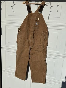Carhartt Men's Sz 48X32 R37 Bib Overalls Canvas Unlined Brown Double Knee - Picture 1 of 3