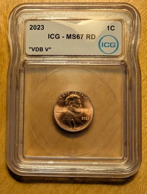 2023 Extra "V" Lincoln Cent Penny Graded ICG MS67RD VDB-V Variety Error - Image 1 of 3