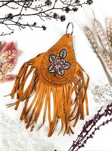 Mahiya Faye Leather Key Ring Tasselled Charm Handmade Bohemian Tan BRAND NEW - Picture 1 of 6