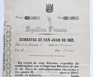 1862 Peruanischer Patentbrief Dokument Callao Peru - Bild 1 von 4