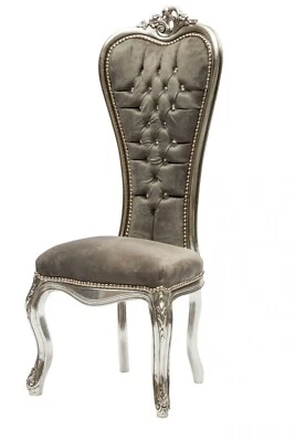 Poltrona barocca in legno foglia argento ed tessuto velluto grigio trapuntato - Immagine 1 di 3