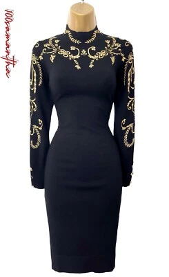 Karen Millen L UK 14 16 EMBROIDERED FINE KNIT JUMPER DRESS BLACK GOLD - Image 1 of 4