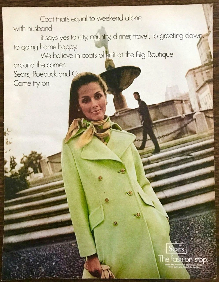 Abrigo tejido verde lima Sears Roebuck & Co Big Boutique 1970 anuncio impreso Foto 1 de 1