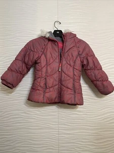London Fog Girls Grey Hearts Faux Fur Hooded Coat Size M 5/6 - Picture 1 of 4