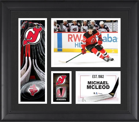 Michael McLeod Devils FRMD 15" x 17" Player Collage with a Piece of GU Puck Cover