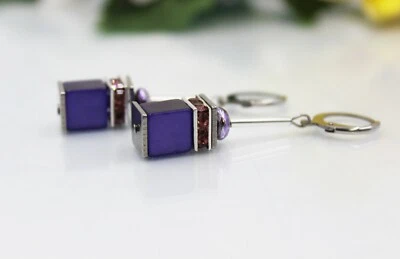 Pendientes Cubo Cubo Cubo Polaris Púrpura Hematita Estrás Rosa Mujer #LA062 Foto 1 de 4