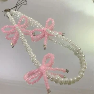 Cute Phone Accessrioes Korea Rope Strap New Pink Bowknot Pearl Pendant - Zdjęcie 1 z 4
