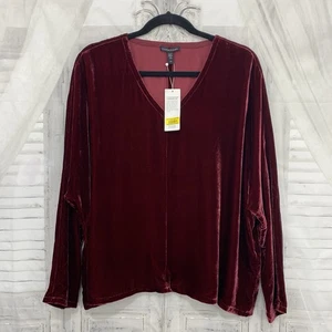 Eileen Fisher Large Deep Claret Burgundy Red Silk Dolman Sleeve Velvet Top - Picture 1 of 8