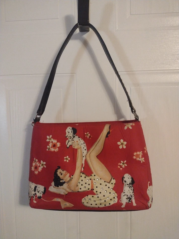 Cartera de Colección Años 60 Pin-up Fiesta Niña Perros Dálmatas Piedras de Anillo Bolso de Mano Cartera de Tela Foto 1 de 4