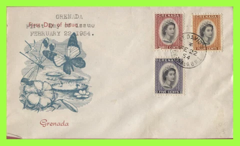 Grenada 1954 QEII 3c, 4c and 5c definitives on illustrated First Day Cover Cover