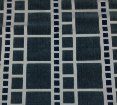 KNOLL LUXE GRAMERCY TRIBECA BLUE GEOMETRIC CUT VELVET SQUARES FABRIC 4.75 YARDS - Image 1 of 4