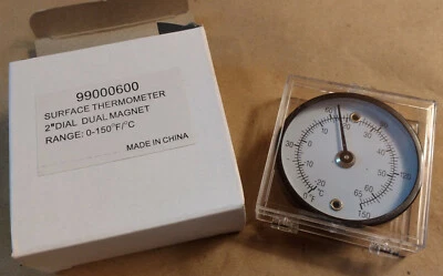 Magnetic Surface Thermometer, 0-150F (-20-65C), 2" Face, Fridge, Freezer, etc