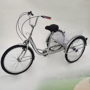 Triciclo de 24 pulgadas 6 velocidades para adultos 3 ruedas bicicleta triciclo crucero con cesta plateada - Imagen 1 de 10